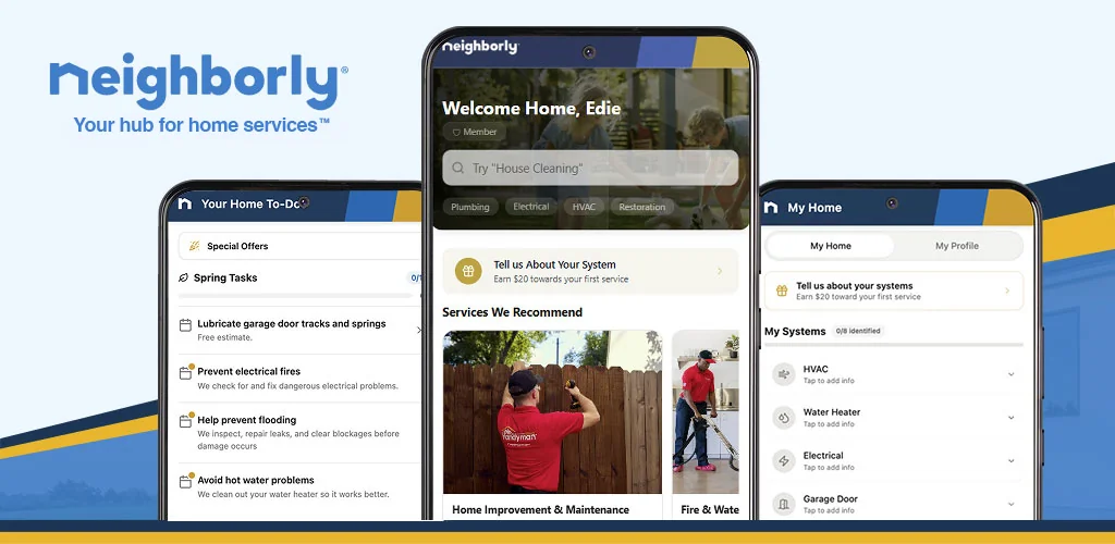 Three phone screens featuring the Neighborly app.