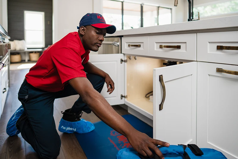 Mr. Rooter emergency plumber setting up to perform drain cleaning under a kitchen sink.