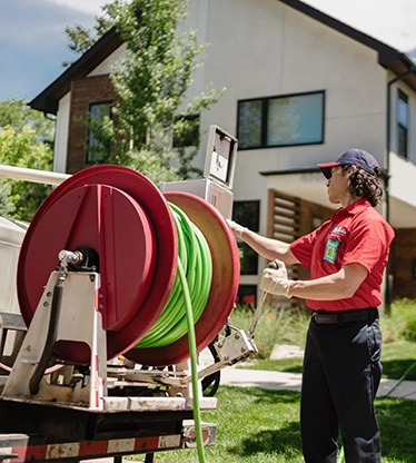 Mr. Rooter professional using a hose reel.