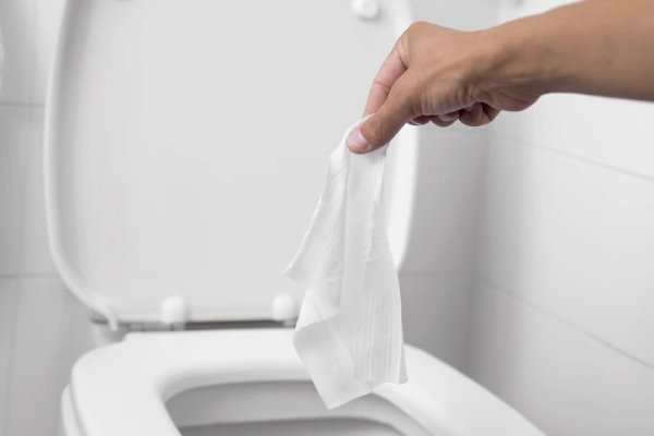 A hand holding a disposable wipe over an open toilet, preparing to flush it. | Mr. Rooter® Plumbing of Southeast Georgia
