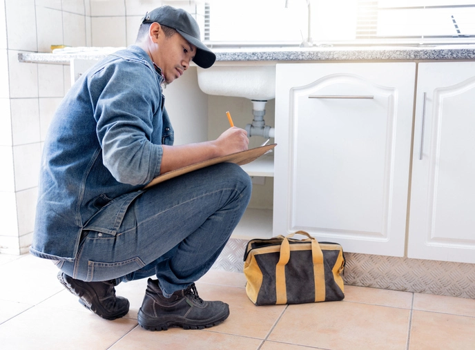 Plumber checks plumbing and checks clipboard | Mr. Rooter Plumbing of South Jersey