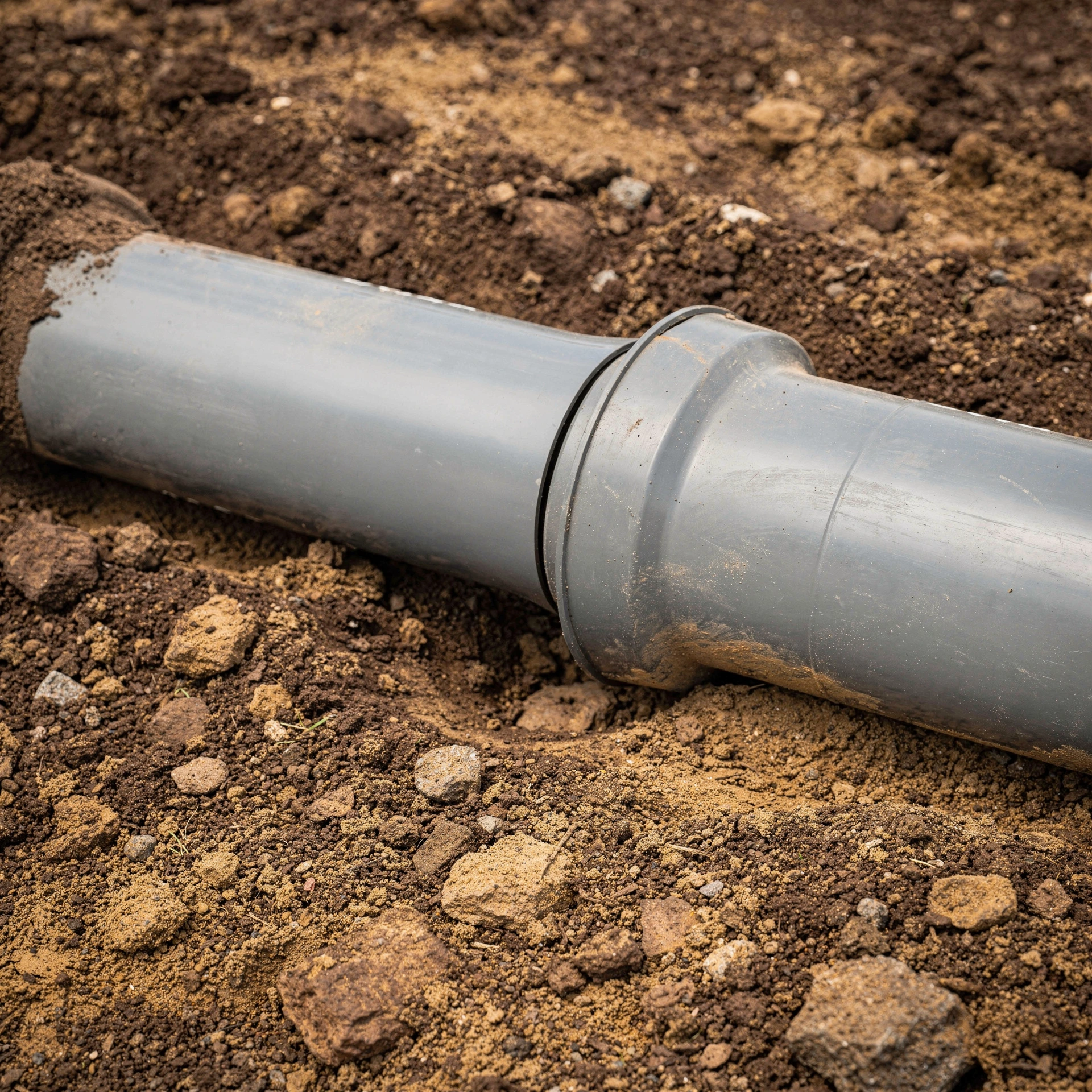 Close-up of a sewer pipe misalignment, showing two PVC pipe segments shifted out of alignment due to soil movement.