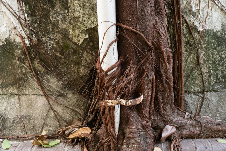 Tree roots growing around and into a sewer pipe, showing how root intrusion can damage and misalign underground lines.