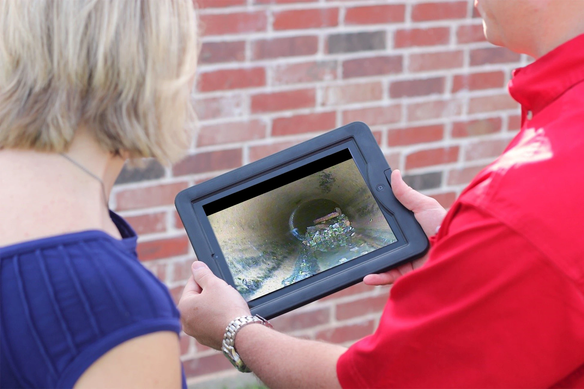 Mr. Rooter Plumbing professional showing a homeowner live sewer camera footage on a tablet during a sewer line inspection.