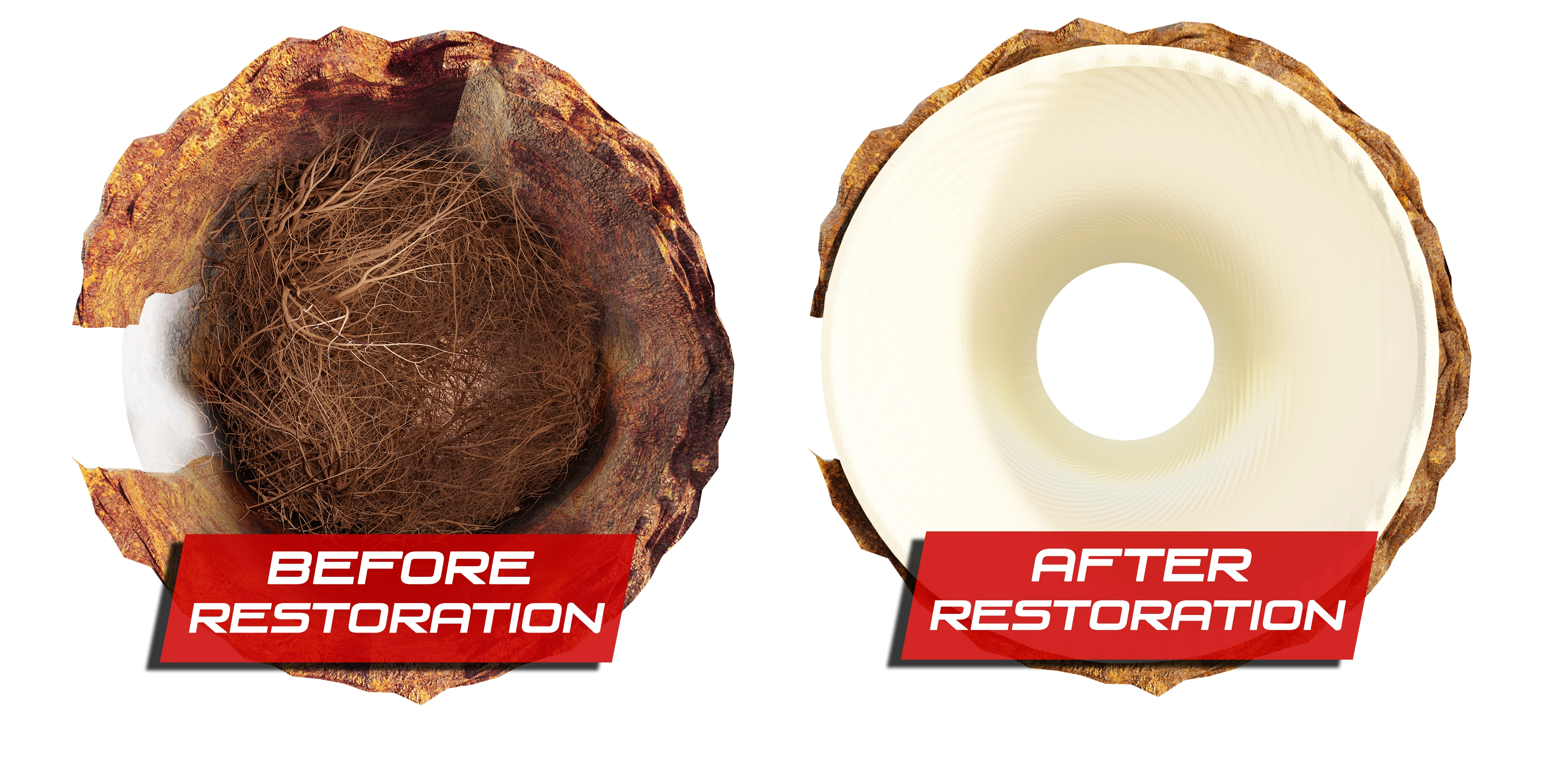 Cross-section of sewer pipes when clogged with tree roots and after professional root removal.